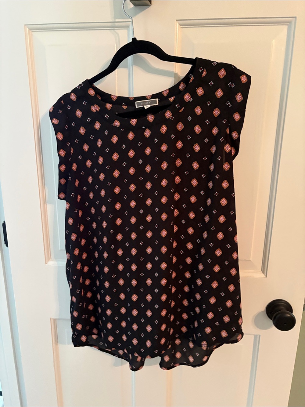 Black Printed Short-Sleeve Blouse with Pink Geometric Motif